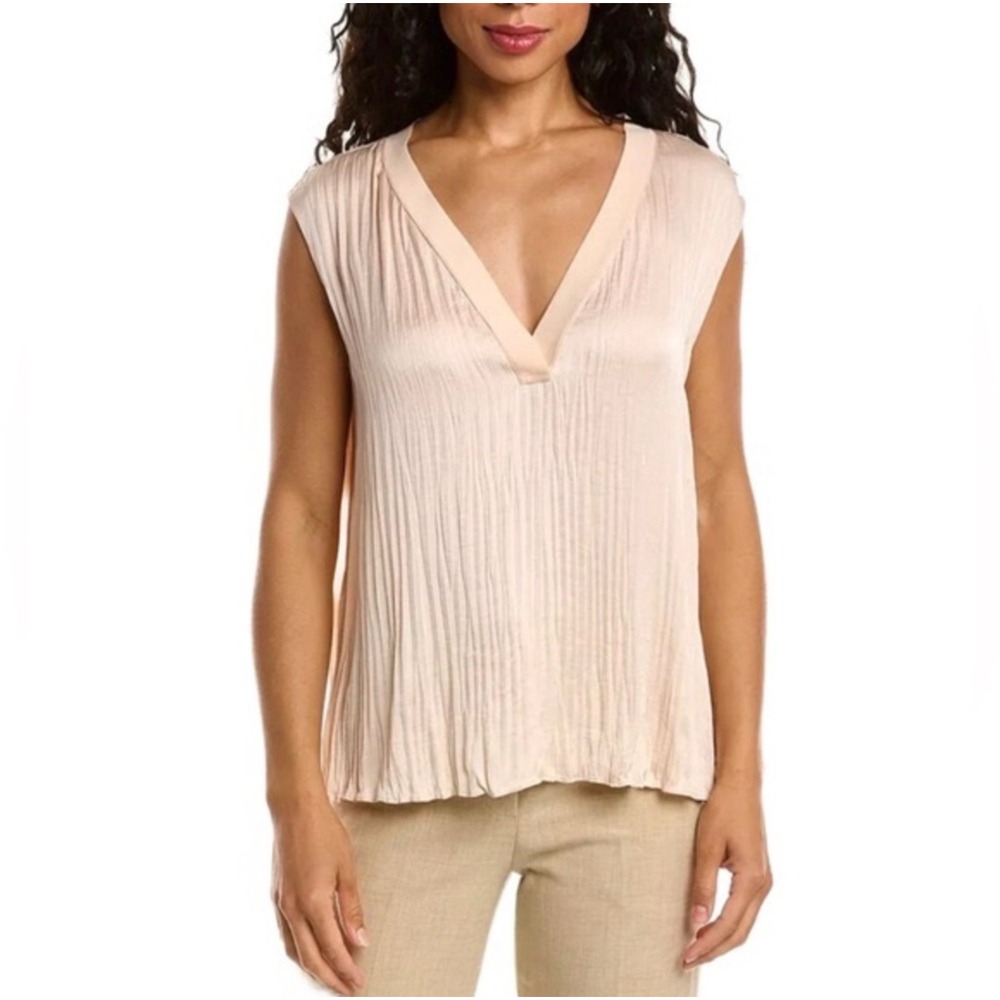 Vince Crushed Double V-Neck Sleeveless Top French Rose Satin Office Womens Large